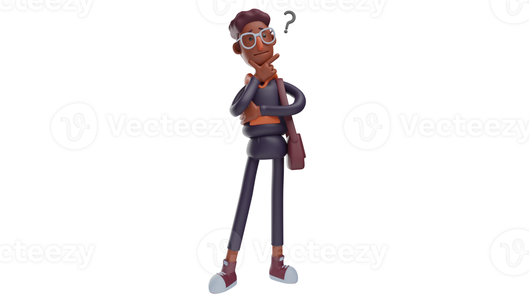 3D illustration. Charming Student 3D Cartoon Character. Student who looks relaxed while carrying a bag. Student who put his hand on his chin and show a thoughtful expression. 3D cartoon character png