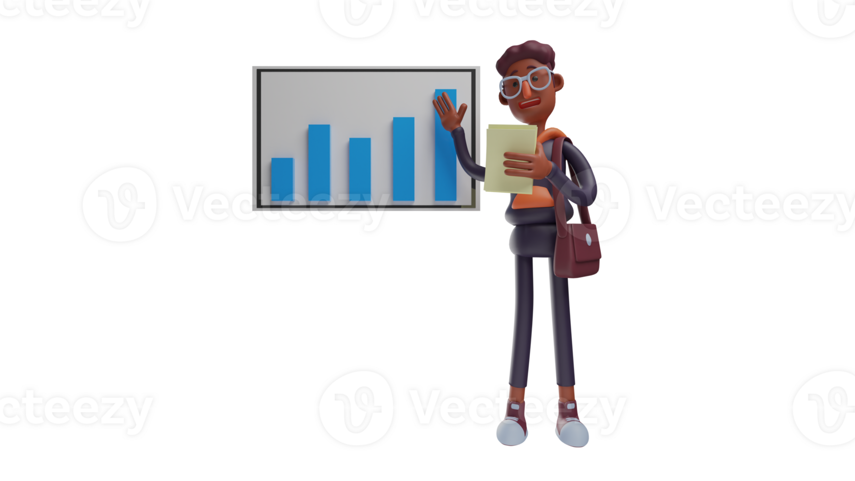 3D illustration. Lecturer 3D Cartoon Character. Young lecturer explaining the material in front. Student is making presentation and explaining something on the board. 3D cartoon character png
