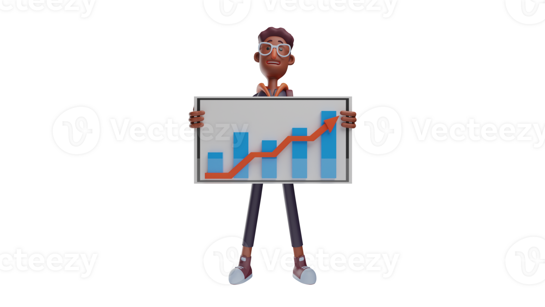 3D illustration. Businessman 3D Cartoon Character. Young people who are entrepreneur and are showing his income board. Young man explaining something on the board. 3D cartoon character png