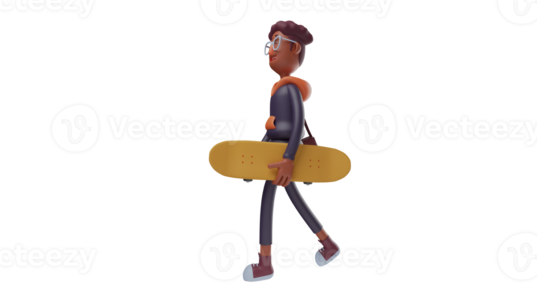 3D illustration. Cool Youth 3D Cartoon Character. A cute young man walking while carrying a skateboard. A student will skate somewhere with his friends. 3D cartoon character png