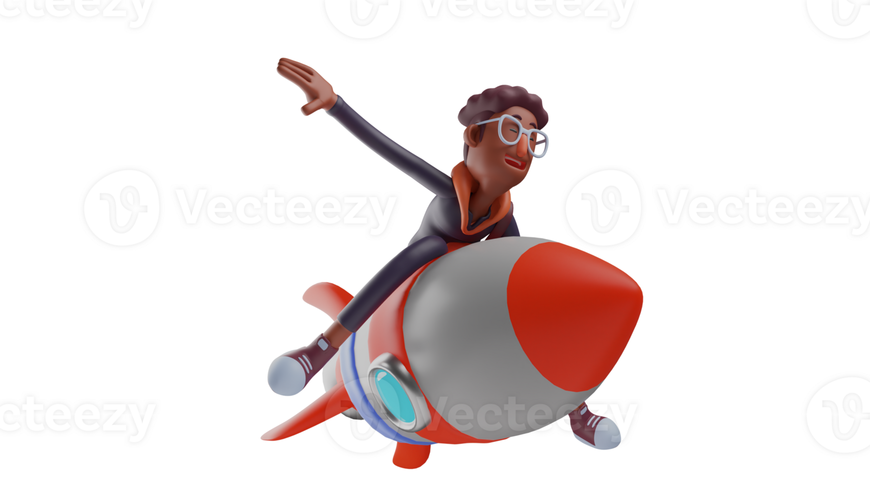 3D illustration. Cute Student 3D Cartoon Character. The cool student who rides a giant rocket and stretches his arms forward. Student show happy expression. 3D cartoon character png