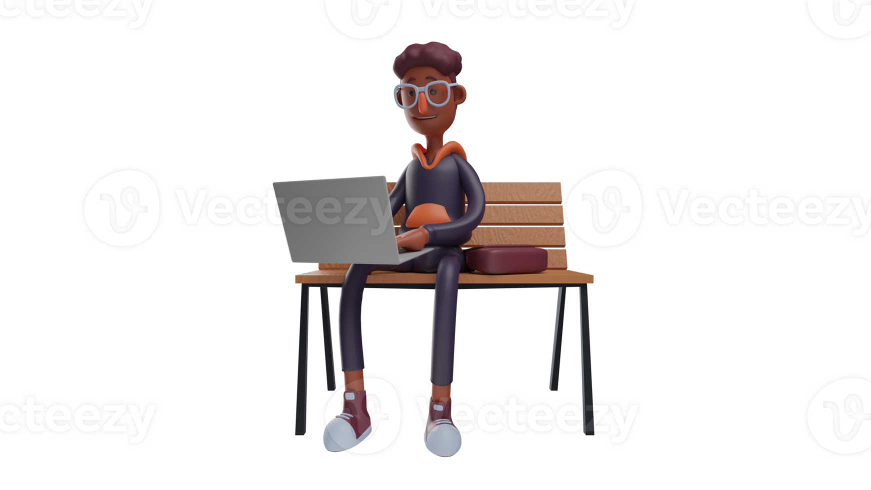 3D illustration. Diligent Student 3D Cartoon Character. Student is sitting on long chair. Student look serious about doing his assignments on laptop. 3D cartoon character png
