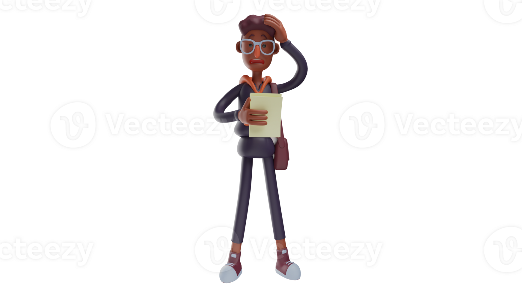 3D illustration. Sad Student 3D Cartoon Character. Student who have just finished his exam and paying attention to the exam results paper in his hand. Student show sad expression. 3D cartoon character png