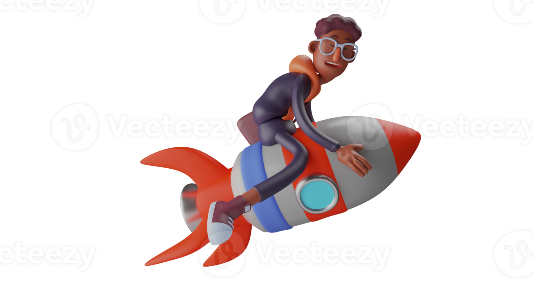 3D illustration. Tourist 3D Cartoon Character. Tourist is enjoying his holiday. Happy tourist riding a giant rocket and showing smiles of happiness. 3D cartoon character png