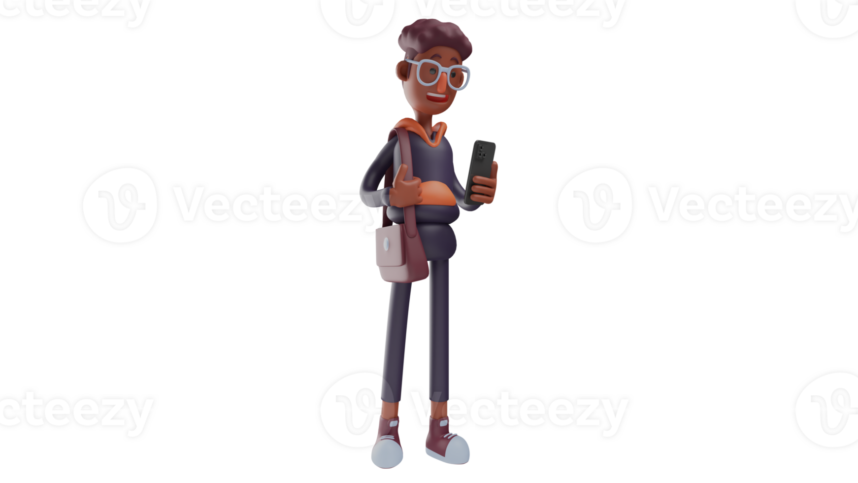 3D illustration. Tourist 3D Cartoon Character. Young tourist looking at the cellphone in his hand. A sweet tourist who will spend his time walking around. 3D cartoon character png