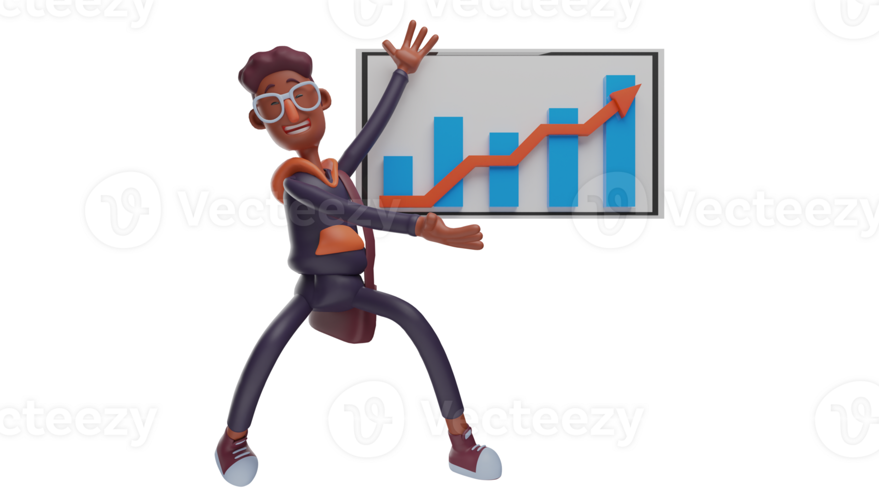 3D illustration. Successful Young Man 3D Cartoon Character. Young man explaining the increase in his income. The rich young man explained the picture on the board to everyone. 3D cartoon character png