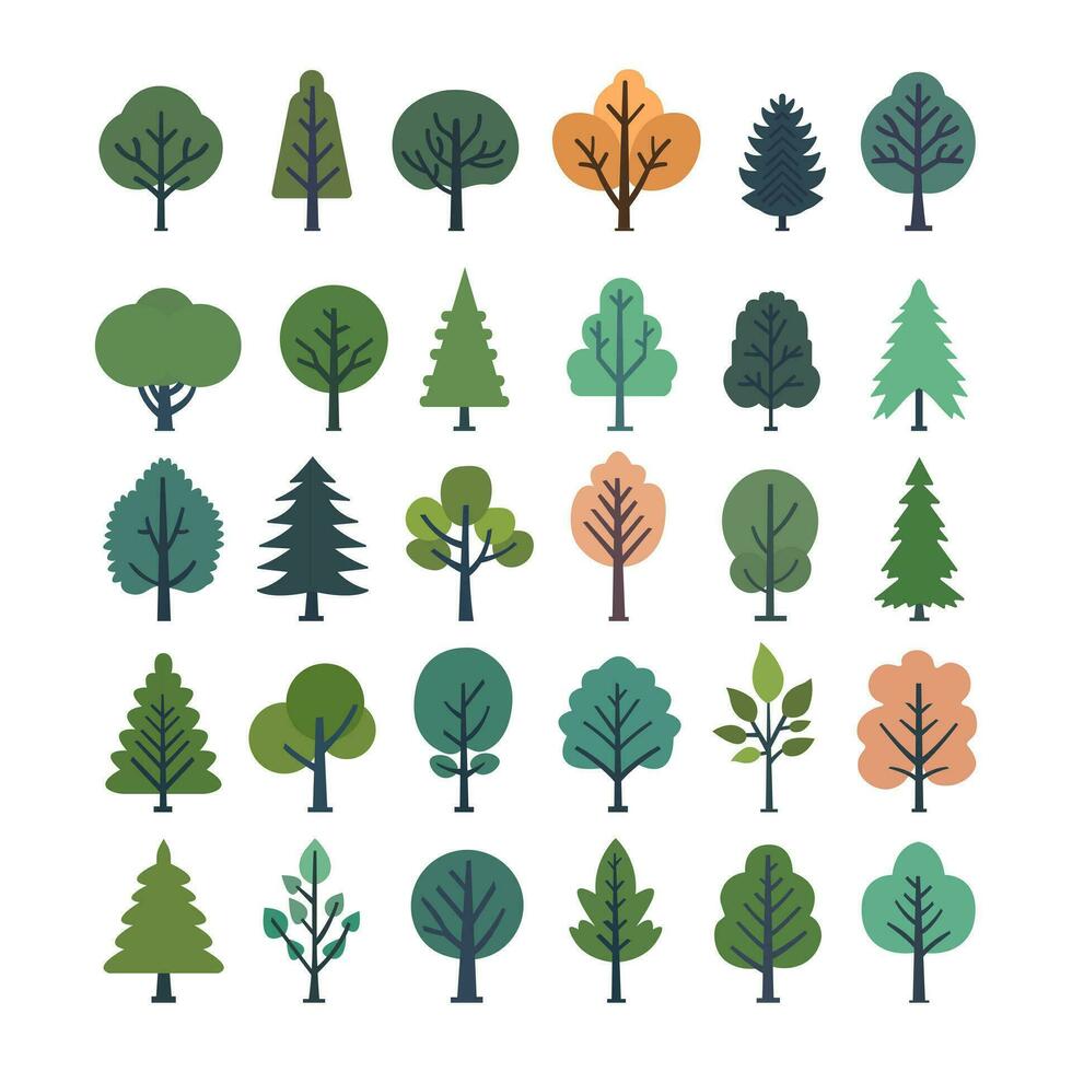 Garden or park landscaping elements. Tree icons set in a modern flat style. A large set of various trees. Vector illustration