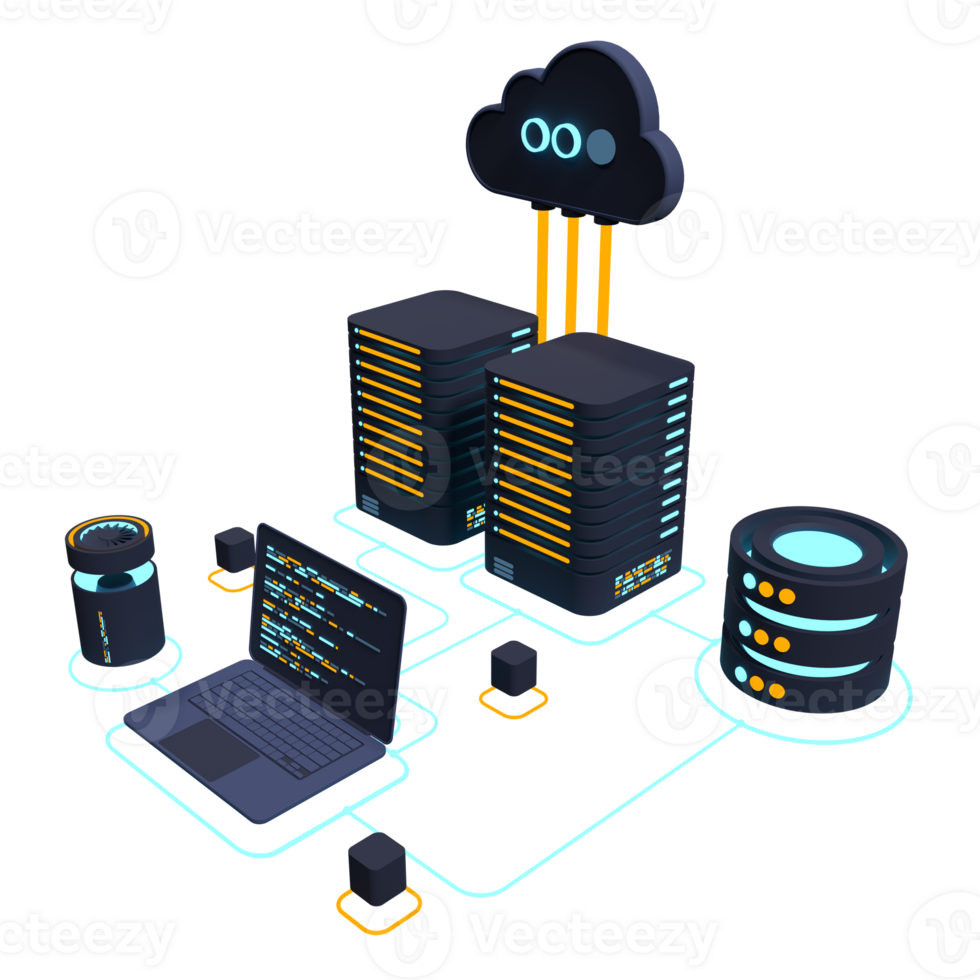 Cloud technology computing concept. Modern cloud technology. Data center isometric concept. 3D cloud technology with datacenter. Web hosting concept. 3D rendering png