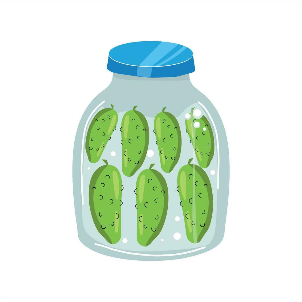 Homemade jars of preserving the cucumber. Autumn harvest season. Vector illustration