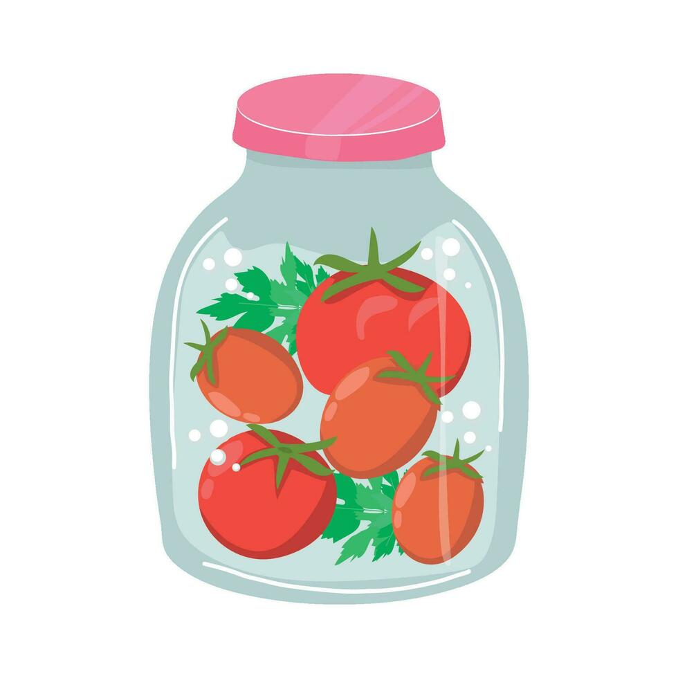 Homemade jars of preserving the tomatoes. Autumn harvest season. Vector illustration