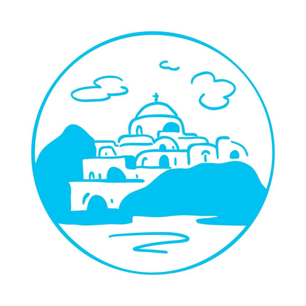 Santorini island, Greece. Beautiful traditional white architecture and Greek Orthodox churches with blue domes over the Aegean Sea caldera. Logo, emblem vector