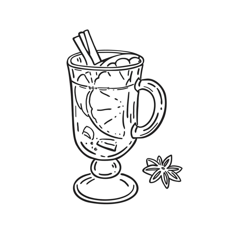 Mulled wine in a glass glass with orange and cinnamon stick. Winter warming drink. Vector illustration in engraving style.