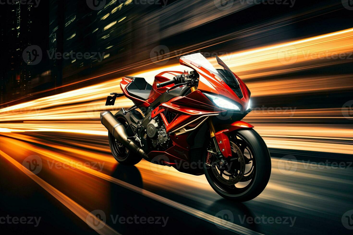 Motorcycle on the road with motion blur background. Concept of speed and motion, EBR racing motorcycle with abstract long exposure dynamic speed light trails in an urban environment, AI Generated photo