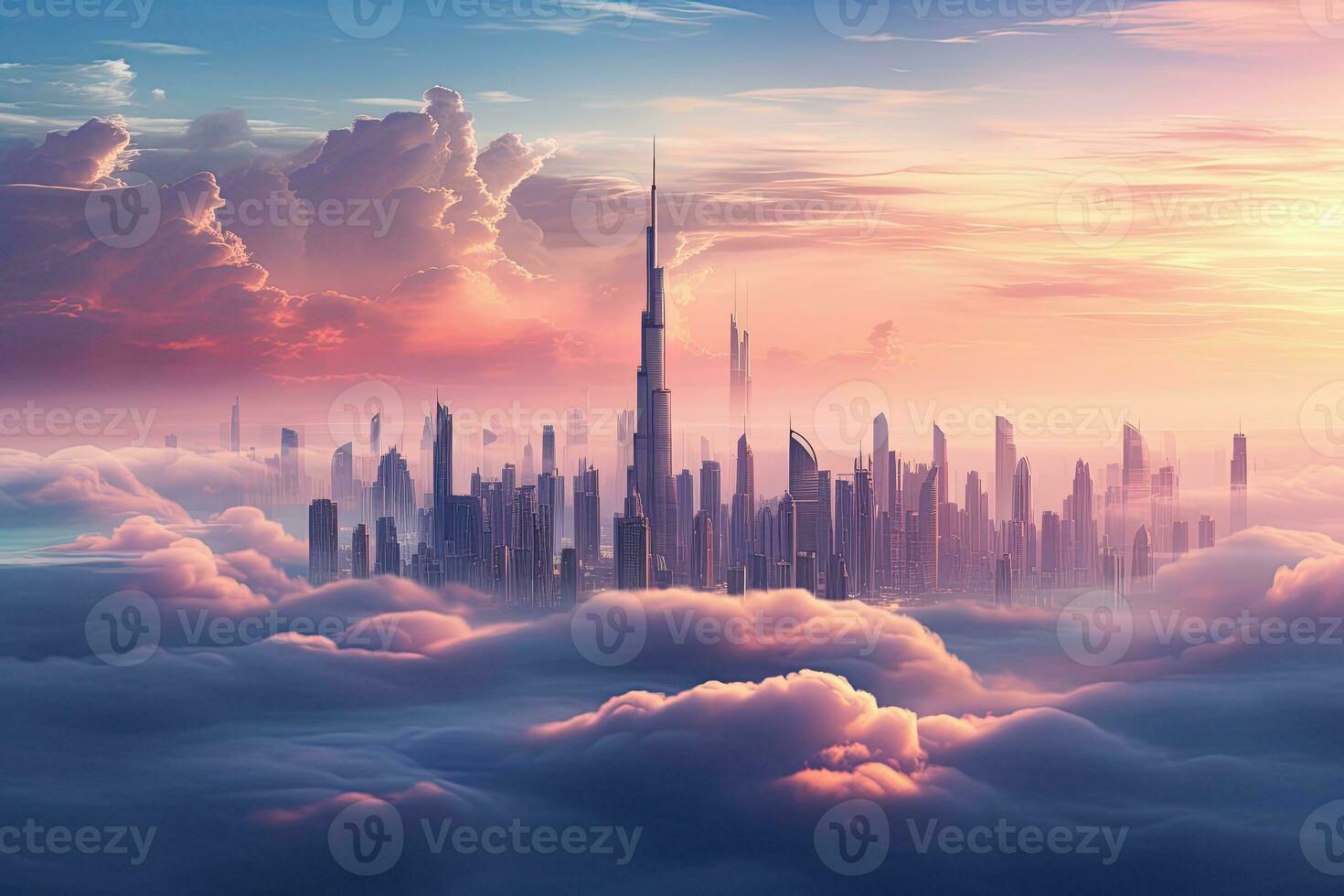 Fantasy city in the clouds. 3D render of a futuristic city, Dubai sunset view of downtown covered with clouds, AI Generated photo