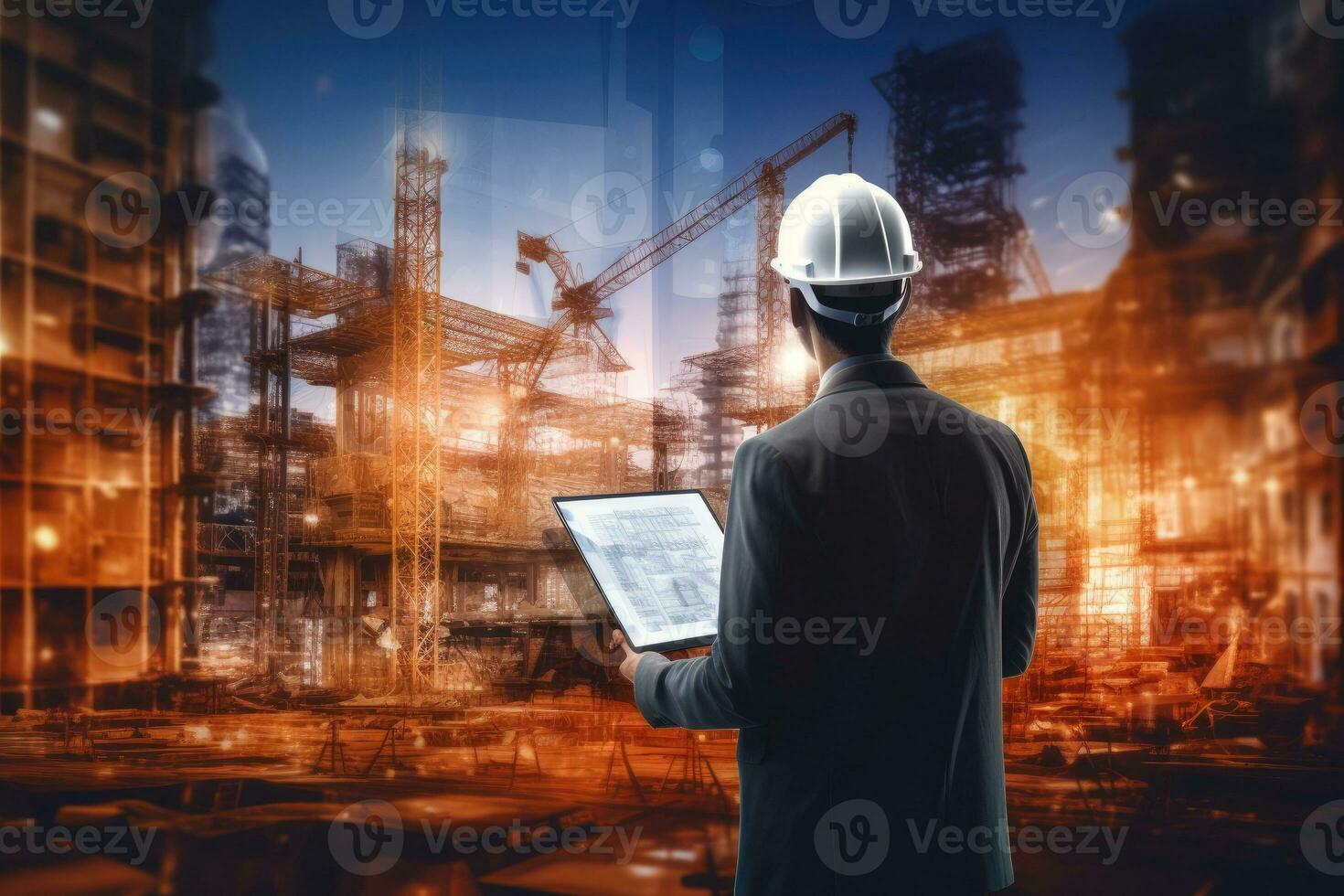 Double exposure of Engineer or architect working on construction site with building and construction equipment, Double exposure of Engineer or architect rear view working, AI Generated photo