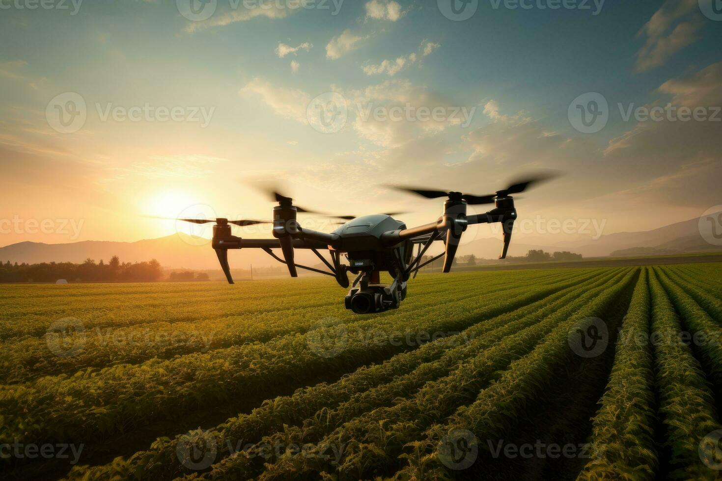 zumbido quadcopter con digital cámara volador terminado agrícola campo, zumbido analizando agricultores campos durante amanecer, ai generado foto