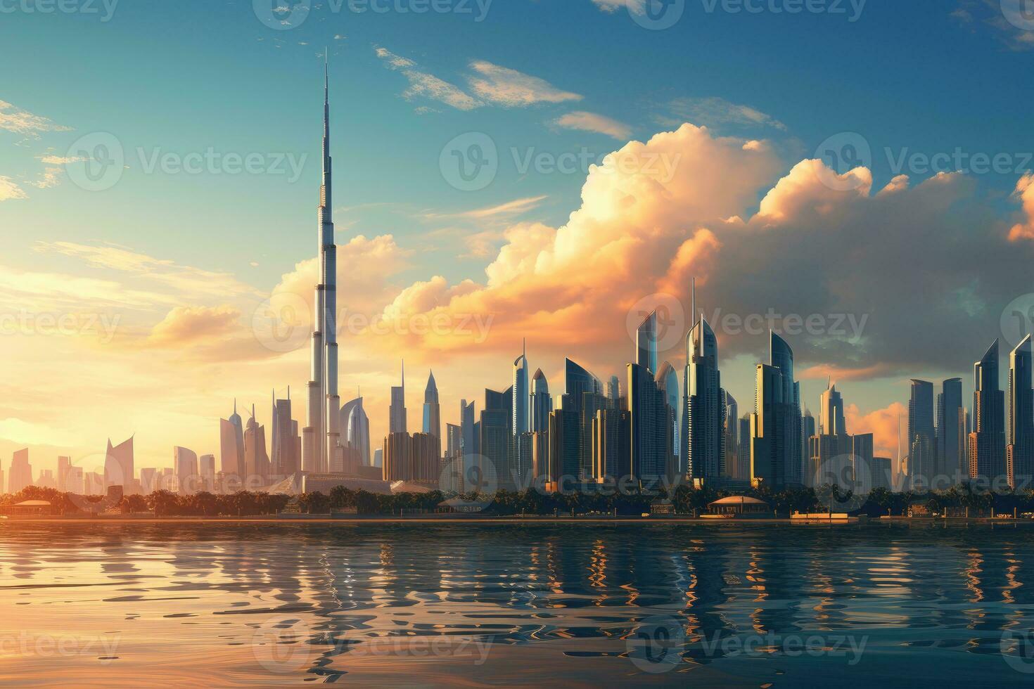 Dubai skyline at sunset, United Arab Emirates. 3d rendering, Dubai and the Persian gulf at evening, AI Generated photo