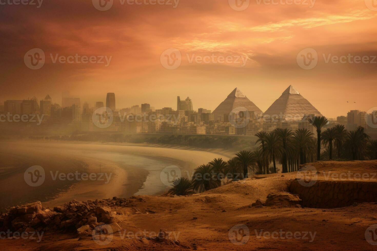 The pyramids of Giza in Cairo, Egypt. Vintage style, Egypt. Cairo - Giza. General view of pyramids and cityscape from the Giza Plateau, AI Generated photo
