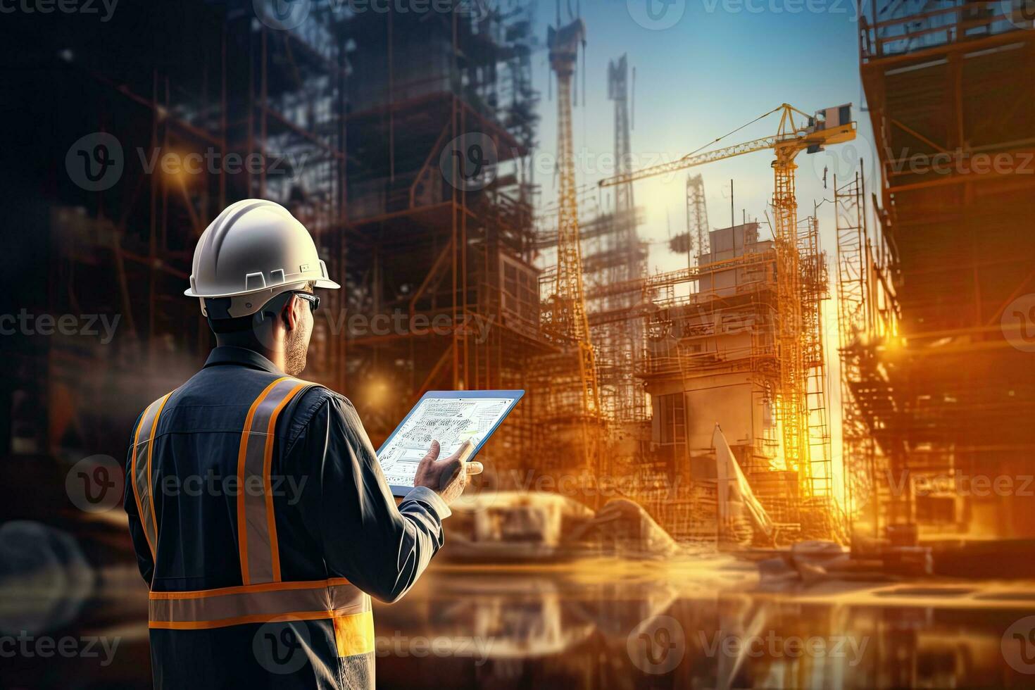 Engineer or foreman working at construction site. Engineering and architecture concept. Double exposure, Double exposure of Engineer and Architect working with smart phone and digital, AI Generated photo