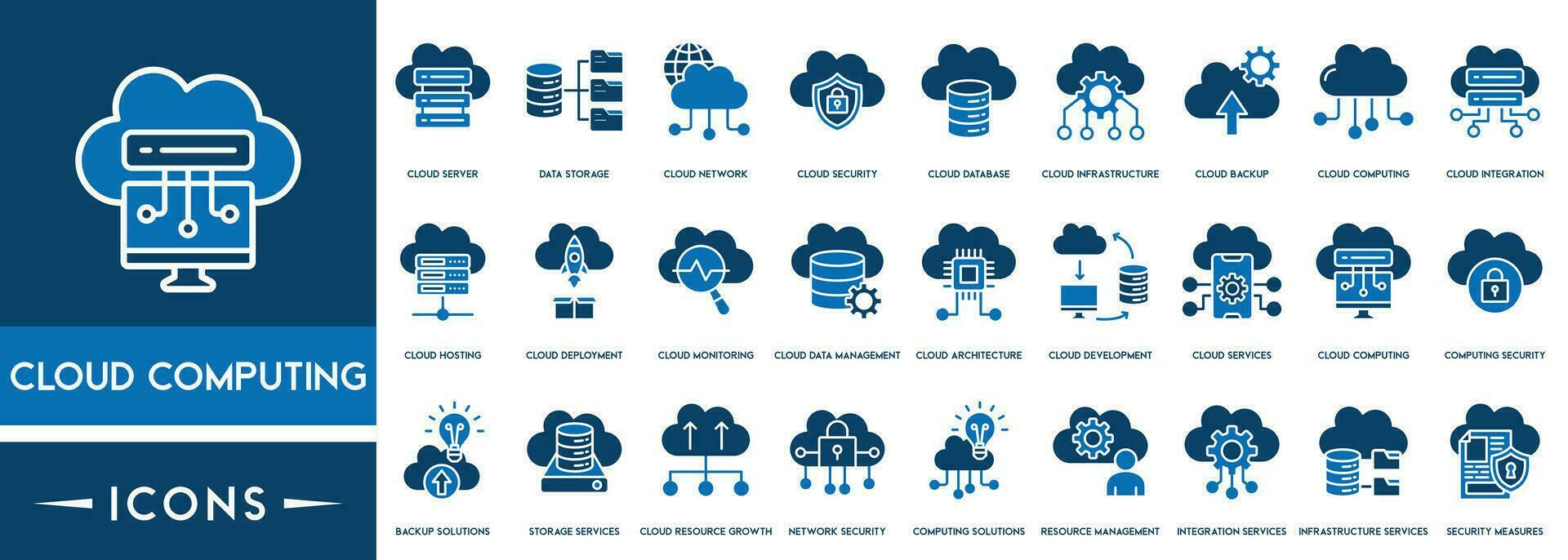 Cloud computing icons Set of line, cloud services, server, cyber security, digital transformation. Outline icon collection. vector