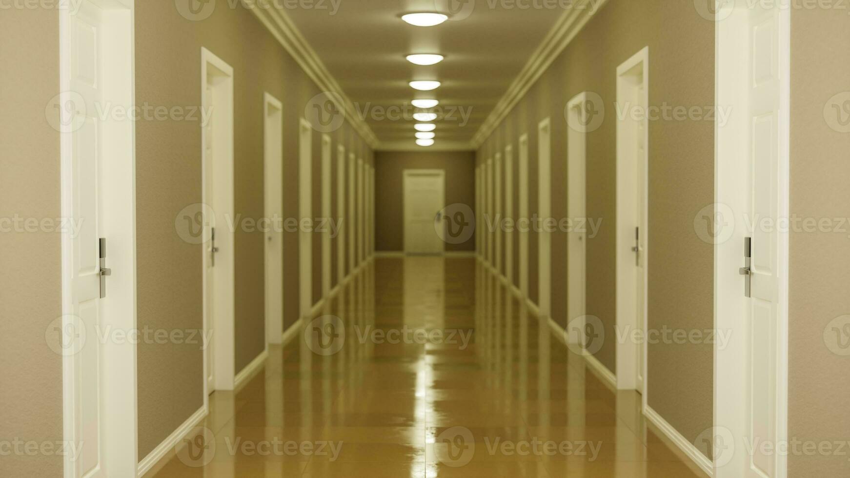 Corridor with several doors, lights on and door at the end. 3d render photo