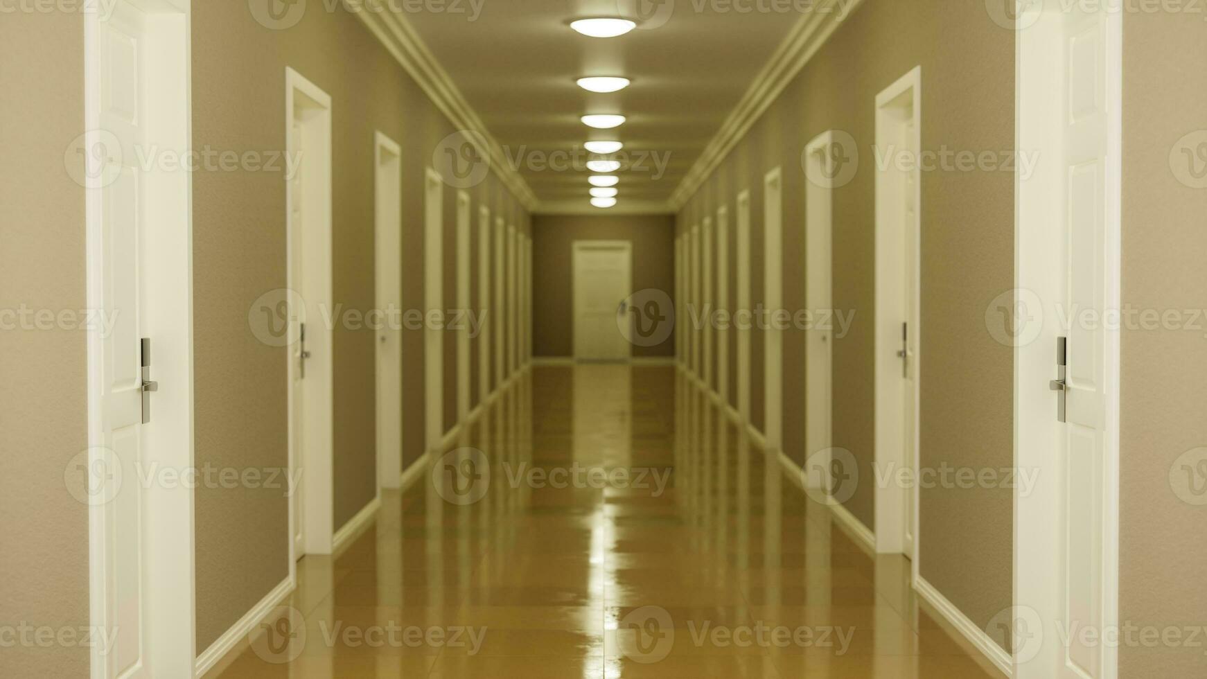 Corridor with several doors, lights on and door at the end. 3d render photo