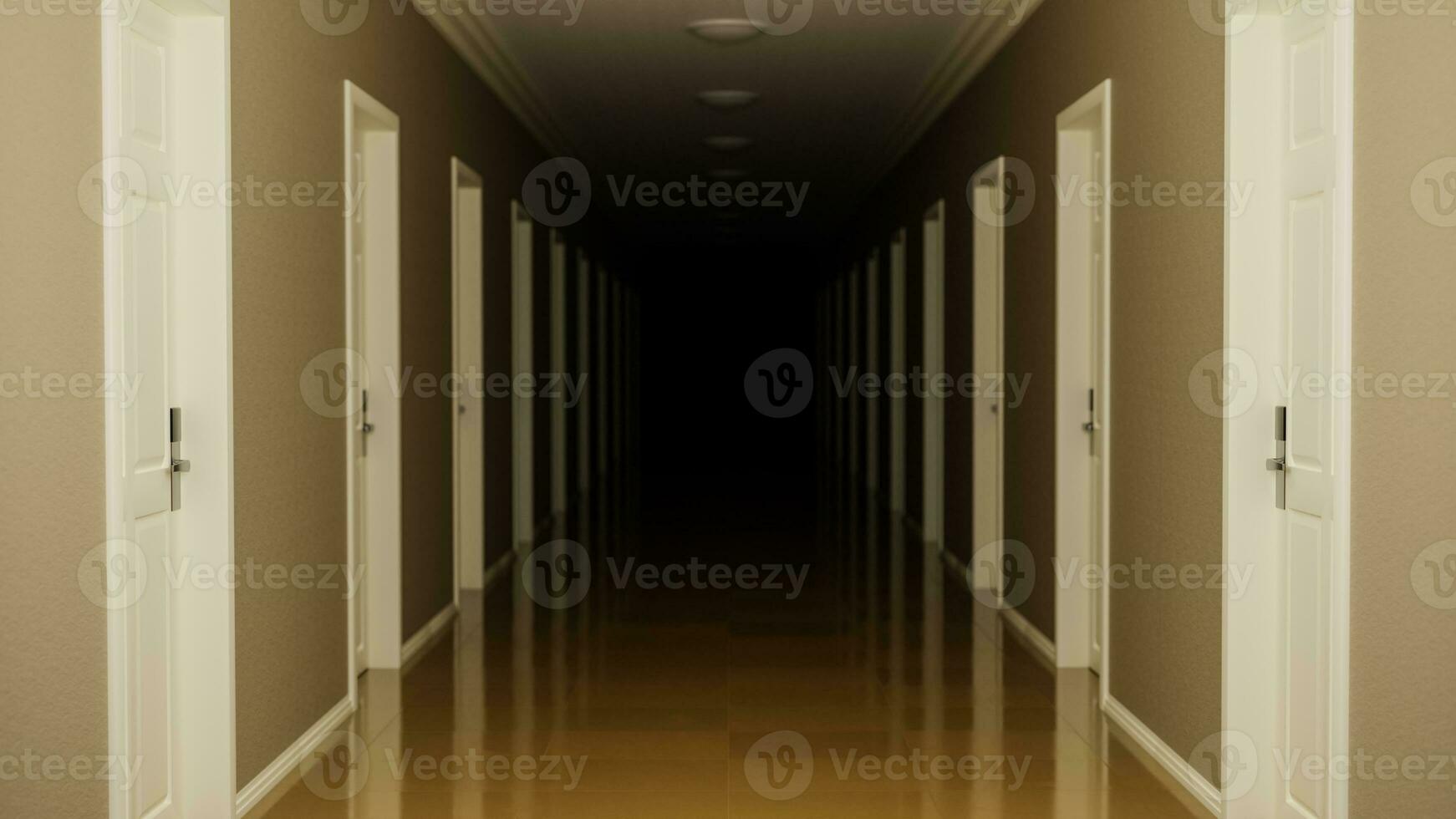 Dark corridor with several doors. 3d render photo