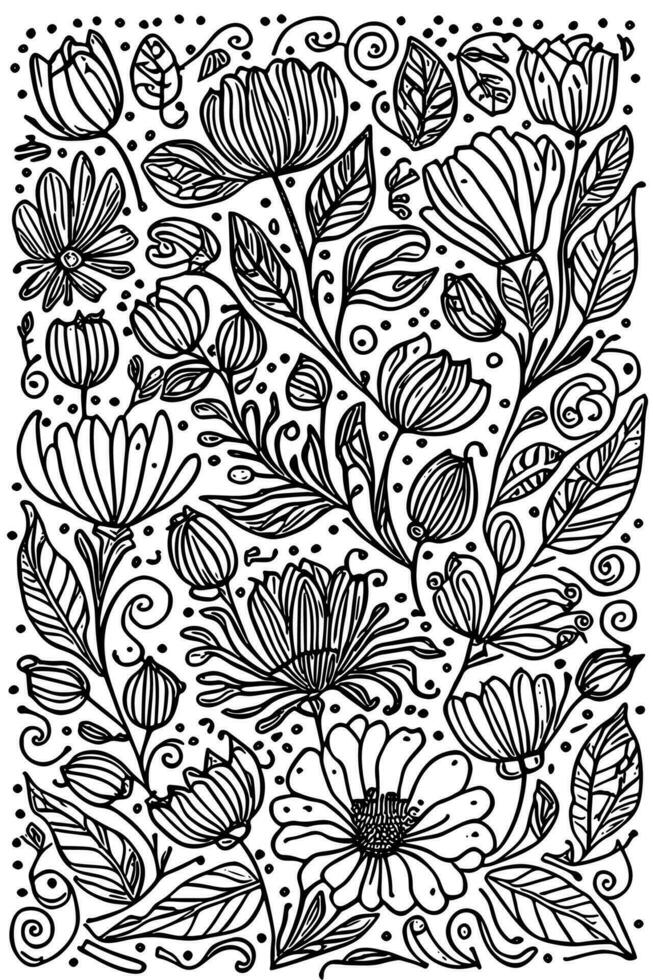 Black and White Botanical Doodle Abstract Monochromatic Flower Pattern vector