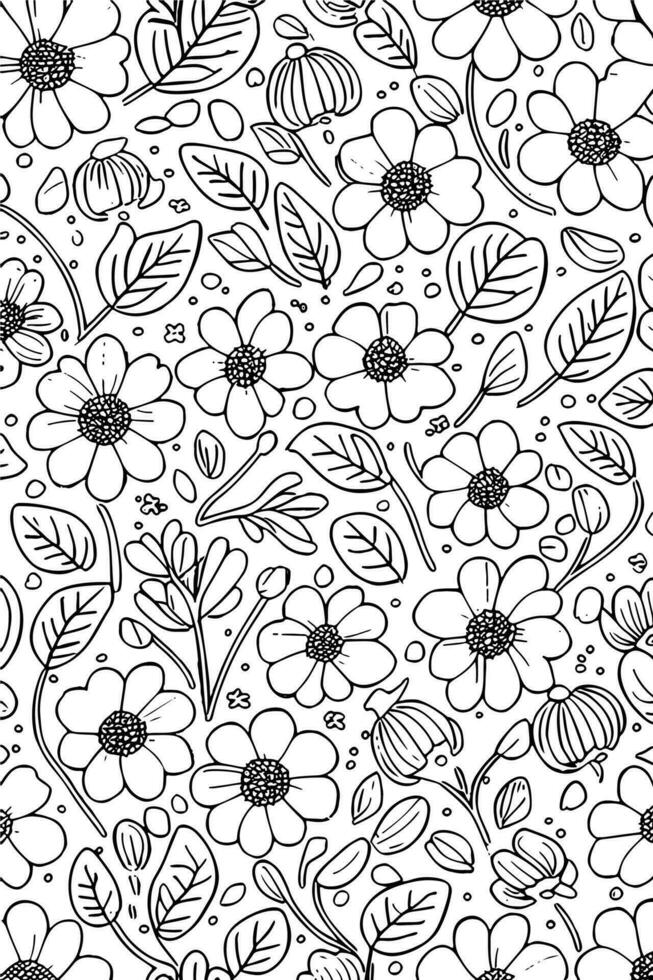 Abstract Monochromatic Flowers Hand Drawn Pattern in Black and White vector