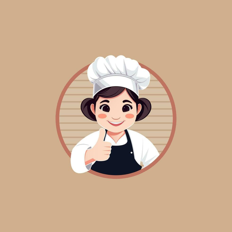 linda adorable cocinero niña con pulgar arriba gesto expresión sencillo logo mascota vector ilustración