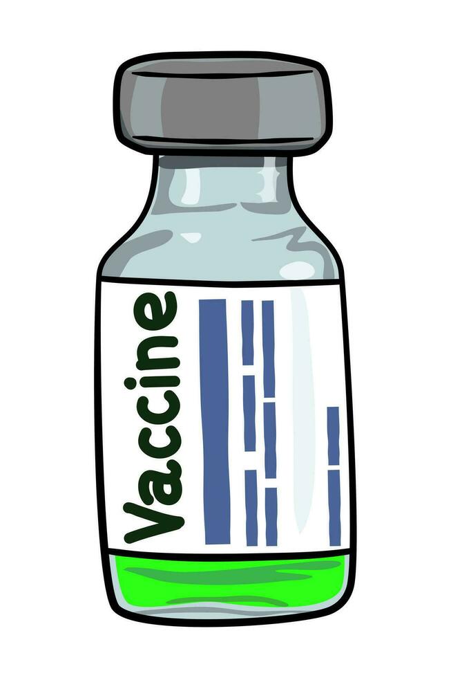 Medical Coronavirus vaccine vials medicine bottles, green liquid, a hand drawn doodle illustration of a bottle for clinical trial. vector