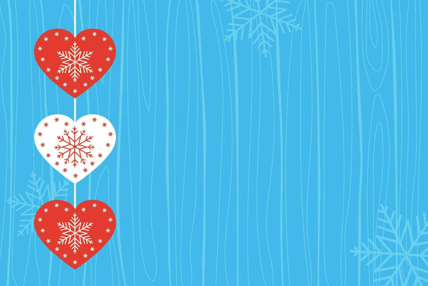 Winter template for banner, postcard, congratulations, Merry Christmas and Happy New Year, Happy Valentine's Day. Winter template in blue color with snowflakes and hearts. vector