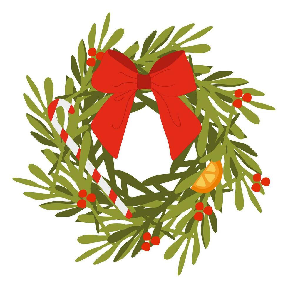 Navidad guirnalda plano estilo vector ilustración aislado en blanco antecedentes. decorativo dibujos animados diseño elemento, fiesta decoración con cinta arco, caramelo caña y abeto sucursales.
