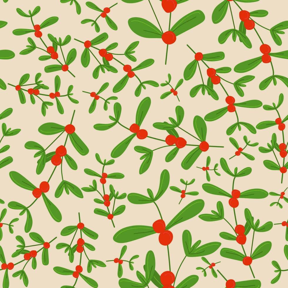 Vector seamless pattern for Christmas with mistletoe with Red berries. Flat cartoon endless illustration, Background, Floral Template for Wrapping paper, New year season decoration, Banner, Postcard.