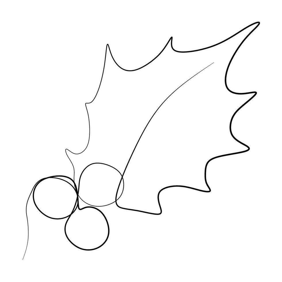 Continuous one line of european holly ilex aquifolium leaves and fruit christmas style in silhouette on a white background. Linear stylized. Minimalist. vector