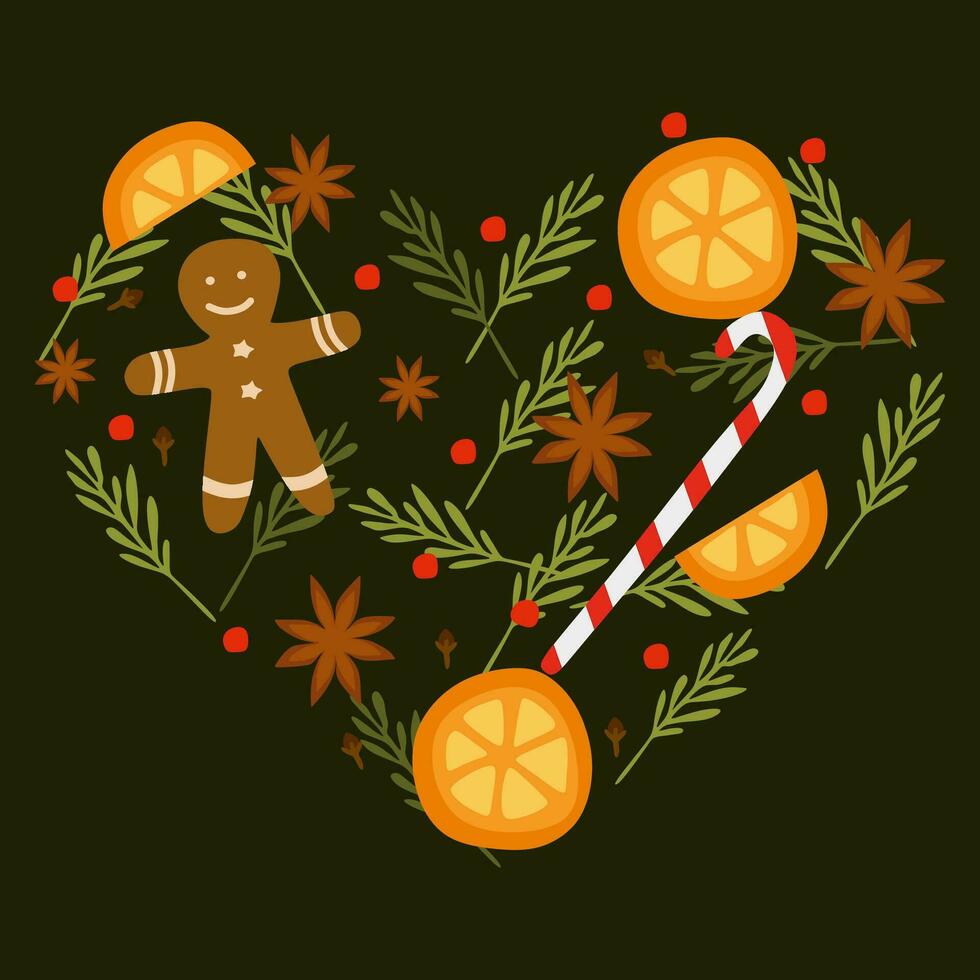 A heart shaped Christmas Design Vector element isolated on white. Flat cartoon illustration made with fir branches, red berries, candy cane, Gingerman, Orange, Anise star. Postcard, Banner template