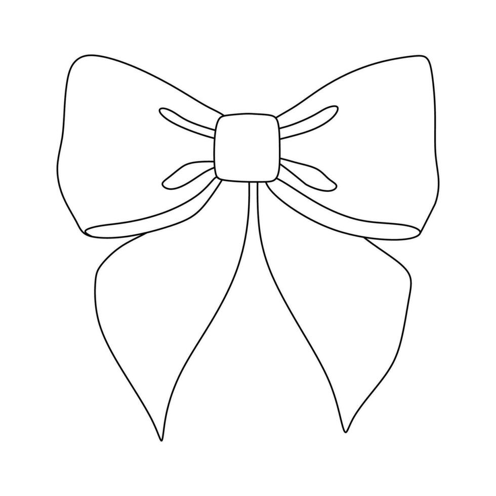 Ribbon Bow linear icon hand drawn vector design illustration. Holiday and Greeting card template for decoration, Card, Coloring book. Black and white element isolated on white background.