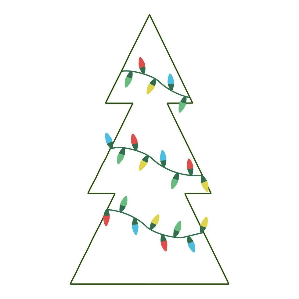 Christmas tree greeting card template. Geometry minimalism shape fir with Bright light garland. Vector illustration isolated on white, Modern flat design. Festive card, poster, placard, invitation.