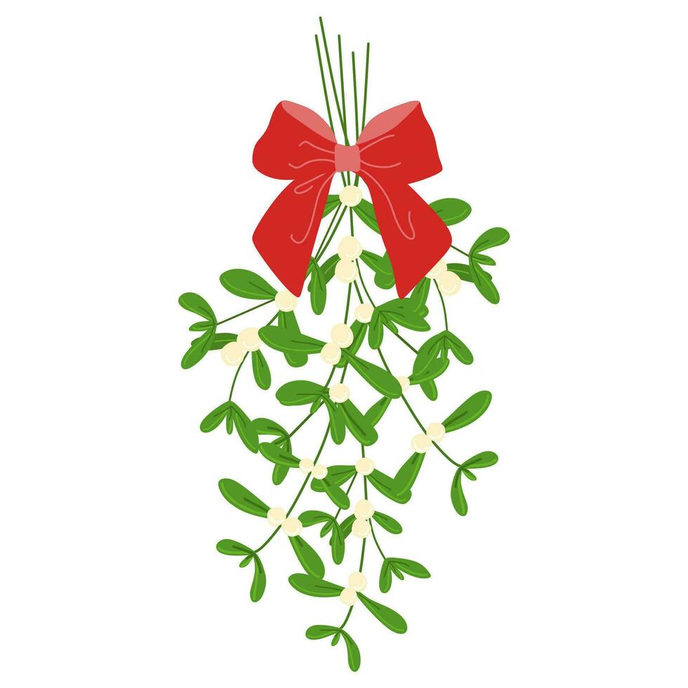 Hanging mistletoe with white berries and Red Ribbon bow. Cute cartoon flat illustration. Vector Christmas plant sticker in color doodle style. New Year, Xmas branches icon or print. Isolated on white.