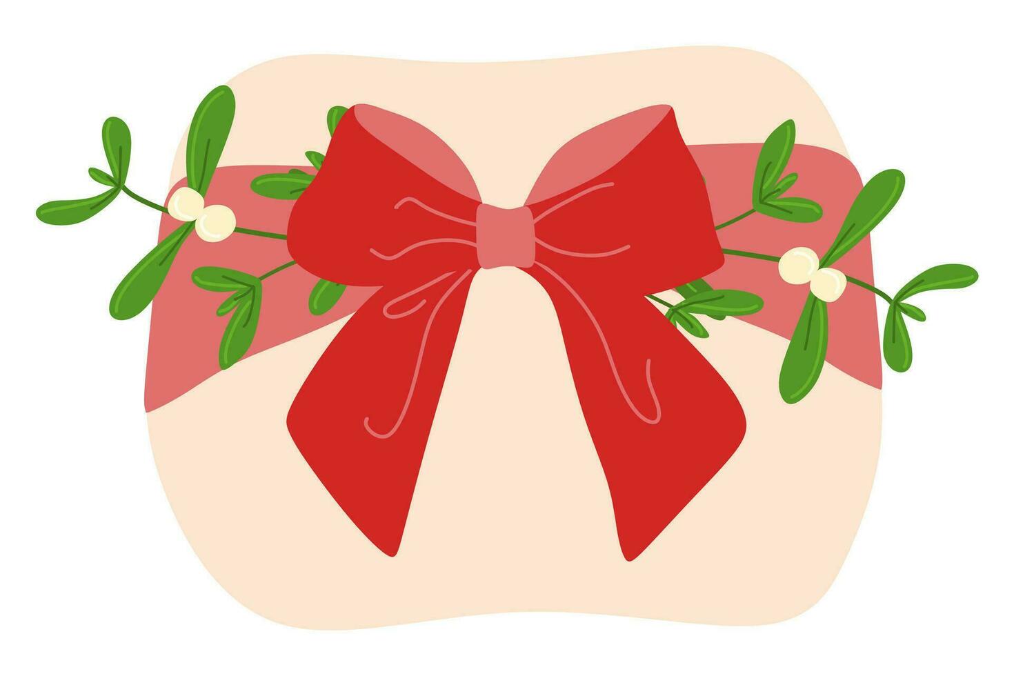 Gift box in crafting Wrapping paper with mistletoe branches and Red ribbon bow. Christmas Eco package with decor elements. Flat cartoon vector Holiday illustration for Advertisement, Postcard template