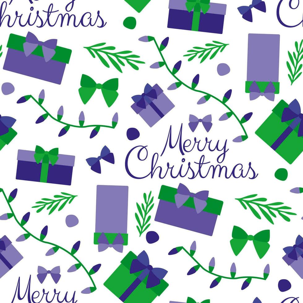 Merry Christmas seamless Pattern. Text design, Gift box, Garland, Fir tree branch Wrapping paper for New year holidays. Seasonal Repeat template, Festive background with Xmas elements. vector