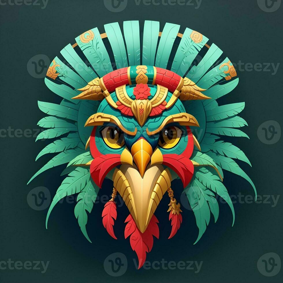 Hawk quetzalcoatl head, symmetrical, flat icon design, AI generated photo