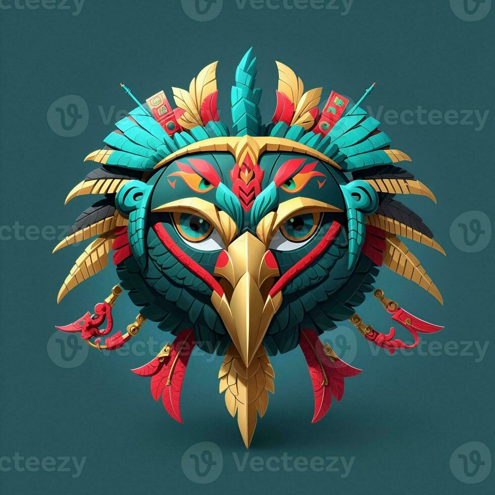 Hawk quetzalcoatl head, symmetrical, flat icon design, AI generated photo