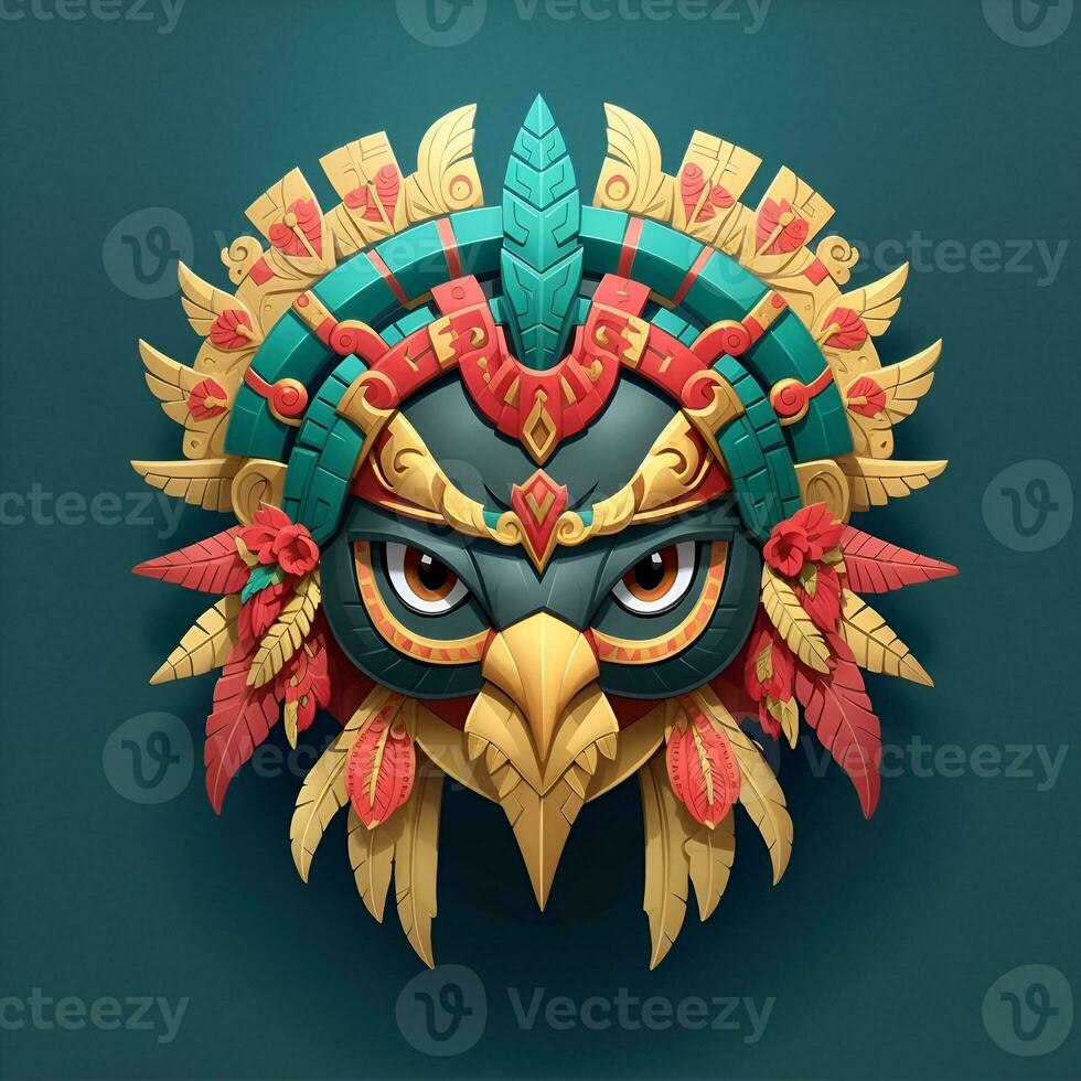 Hawk quetzalcoatl head, symmetrical, flat icon design, AI generated photo