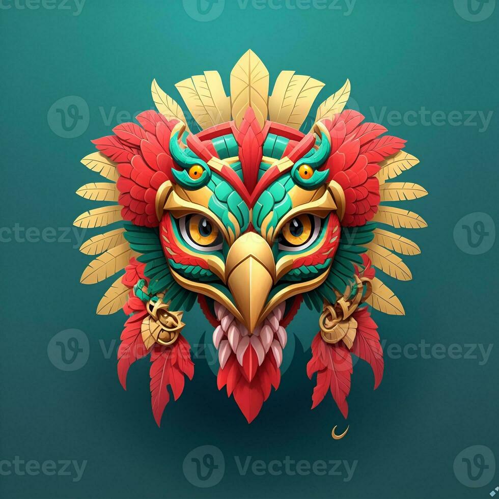 Hawk quetzalcoatl head, symmetrical, flat icon design, AI generated photo