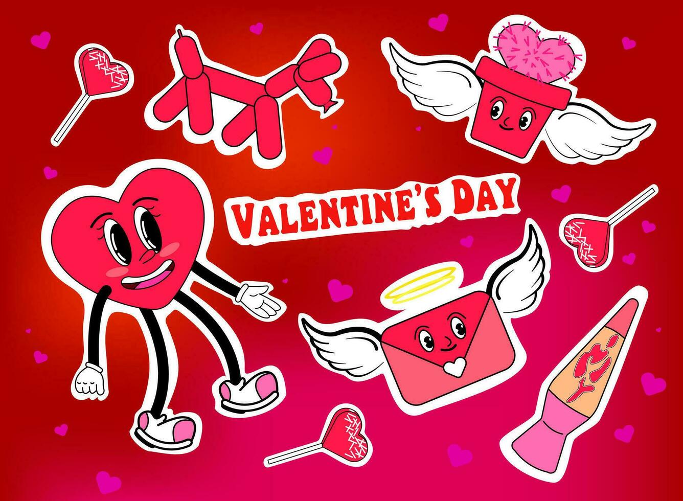 Modern Pack of Cute Stickers Vector Design. Groovy Characters, Trendy Valentines day Patches Collection. Love theme with elements Envelope, Cactus Angel and Kay