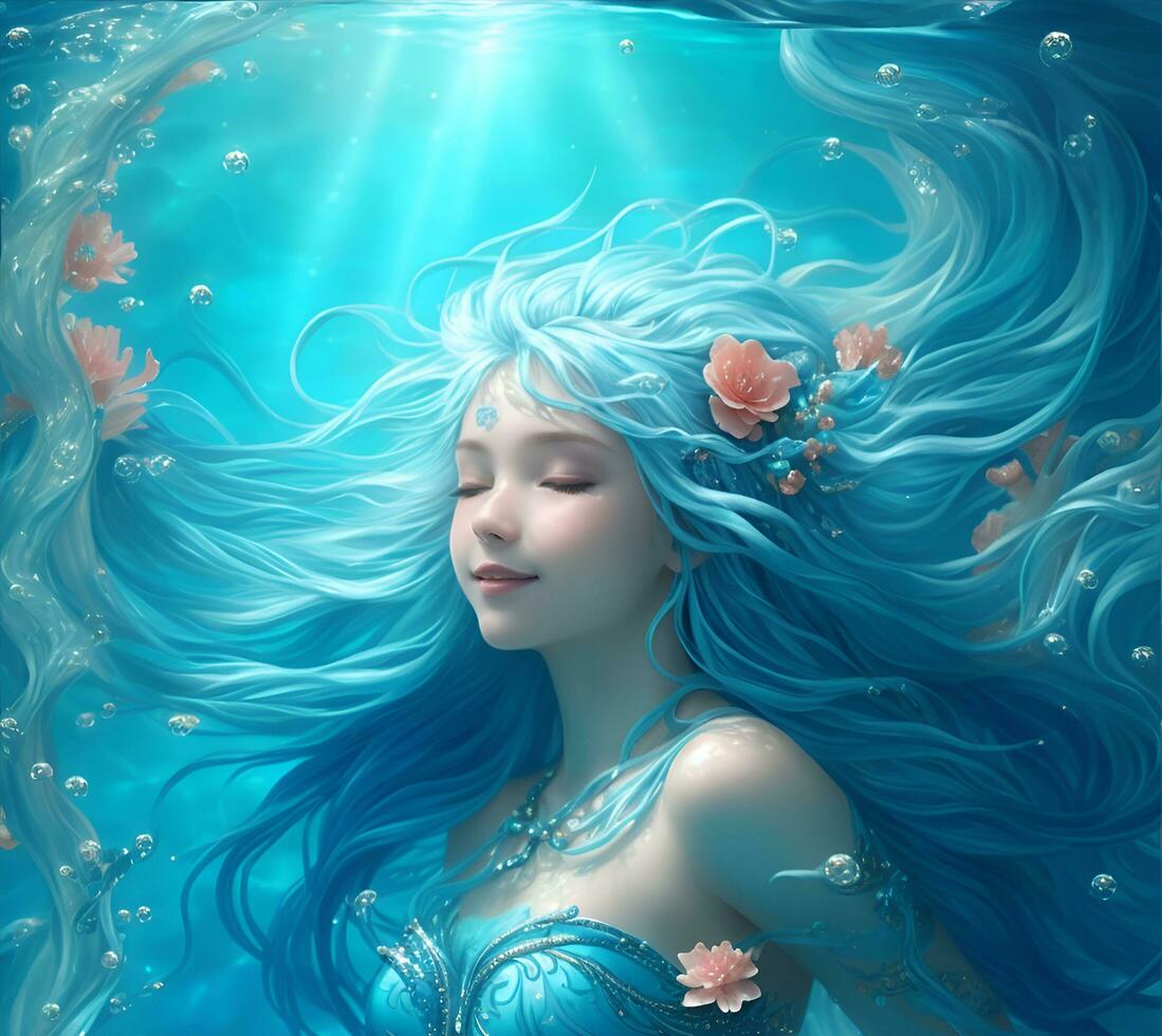 the blue aquarius mermaid in the deep ocean, incredibly beautiful, AI generated photo