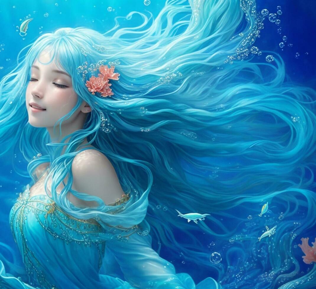 the blue aquarius mermaid in the deep ocean, incredibly beautiful, AI generated photo