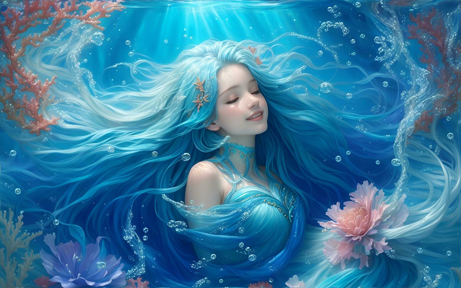 the blue aquarius mermaid in the deep ocean, incredibly beautiful, AI generated photo