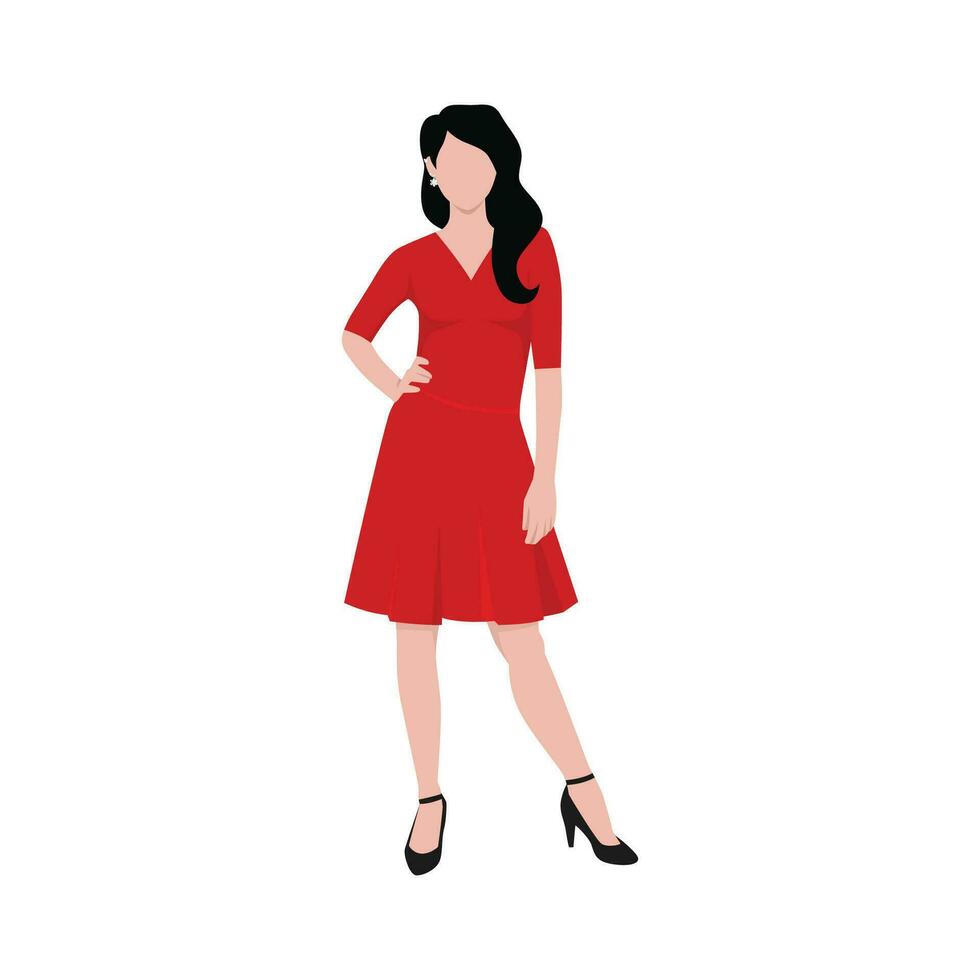 Beautiful slender fashion woman in red dress hand on her hip. vector